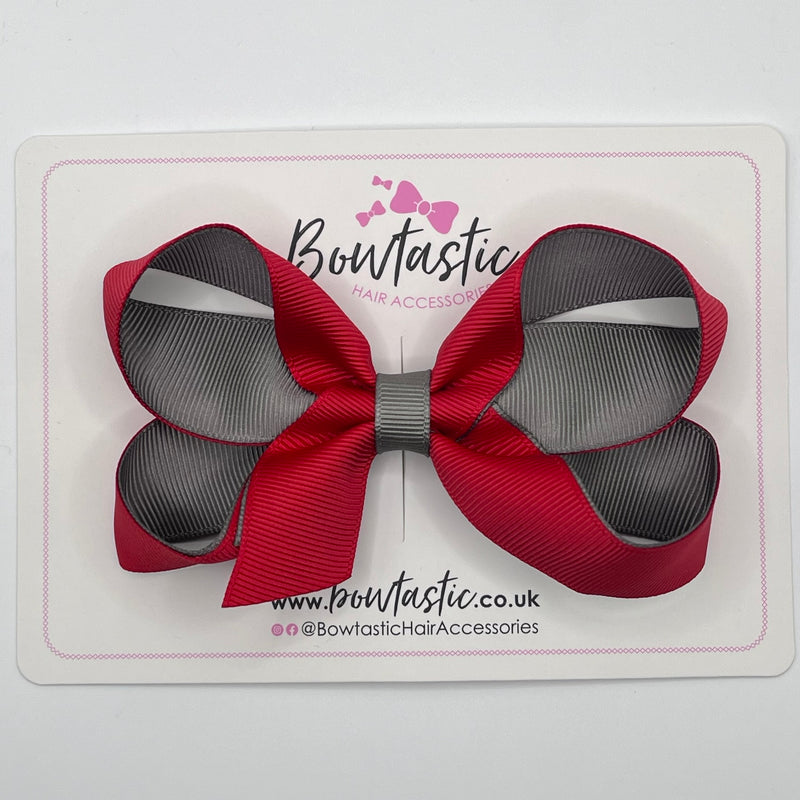 4 Inch Double Ribbon Bow Style 2 - Red & Metal Grey