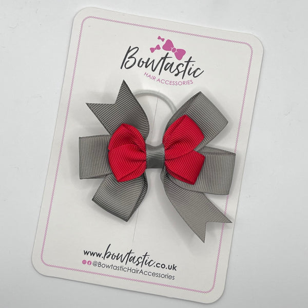 3 Inch 2 Layer Pinwheel Bow Thin Elastic - Red & Metal Grey