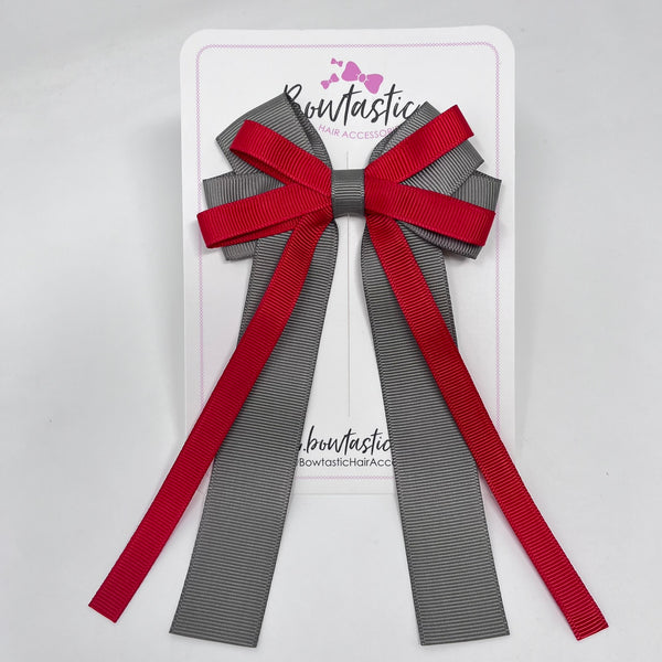 4 Inch Loop Tail Bow - Red & Metal Grey