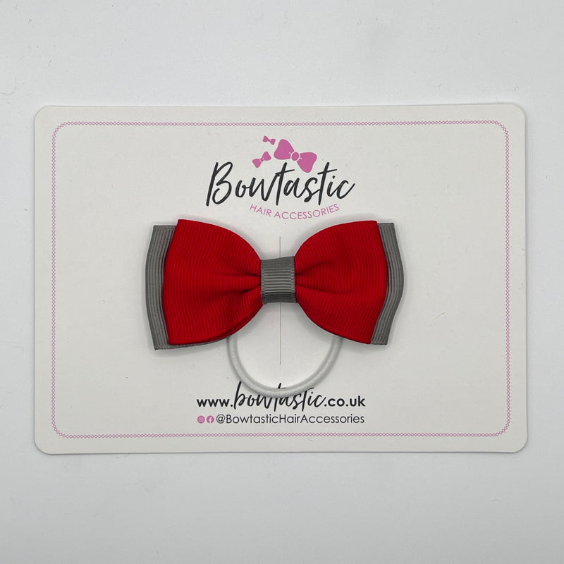 3 Inch Flat Double Bow Thin Elastic - Red & Metal Grey