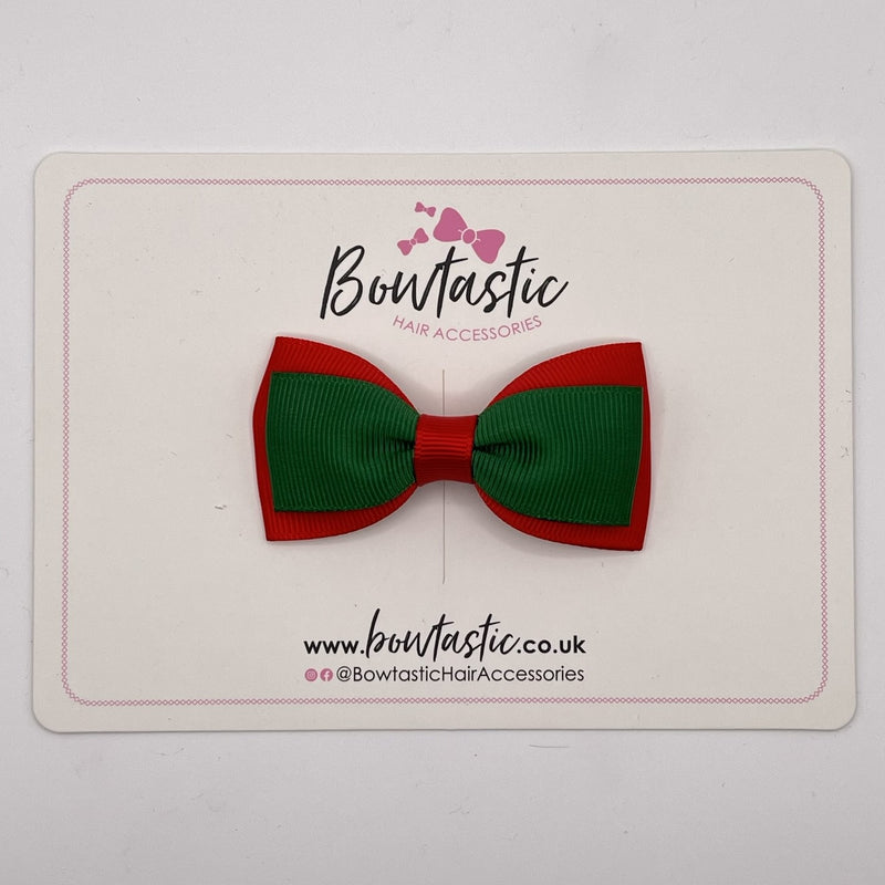 3 Inch Flat Double Bow Style 2 - Forest Green & Red