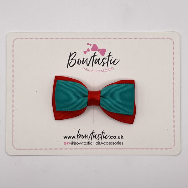 3 Inch Flat Double Bow Style 2 - Jade Green & Red