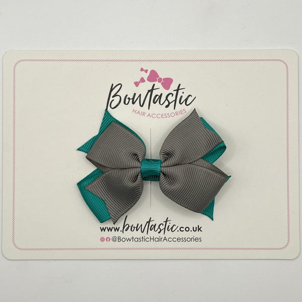 3 Inch Flat 2 Layer Bow - Jade Green & Metal Grey