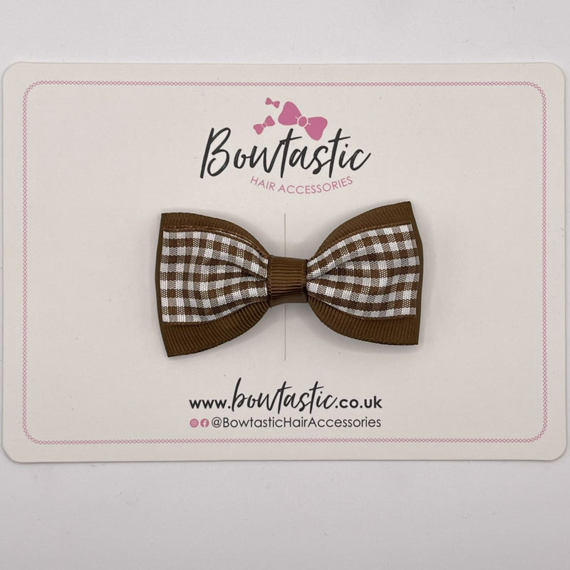 3 Inch Double Layer Tuxedo Bow - Brown & Brown Gingham