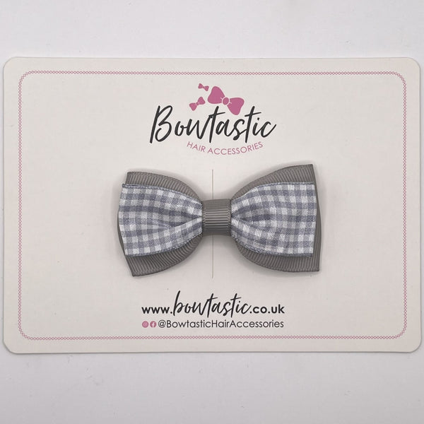 3 Inch Double Layer Tuxedo Bow - Grey & Grey Gingham