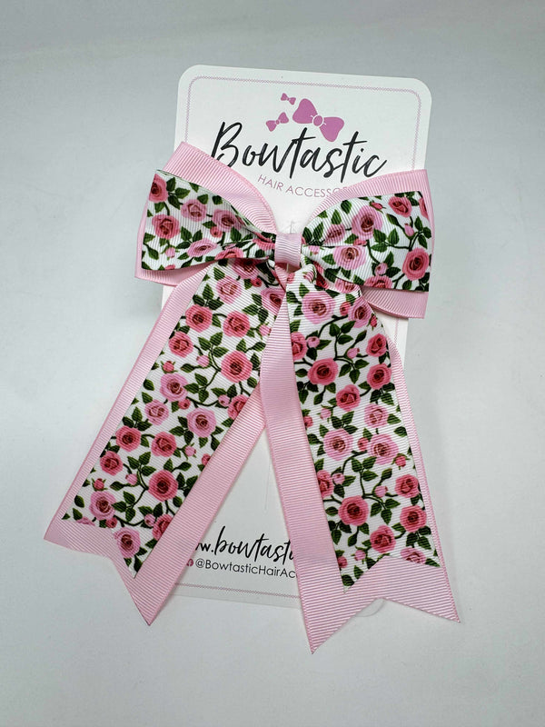 4 inch Tail Bow - Pink & White Rose Print