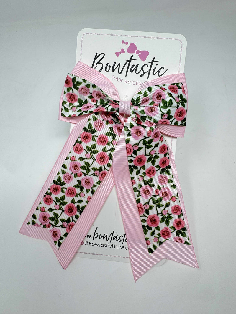 4 inch Tail Bow - Pink & White Rose Print
