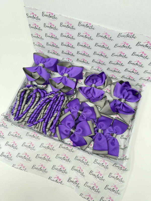 School Bundle - 5 Matching Pairs - Clips & Bobbles - Purple & Metal Grey
