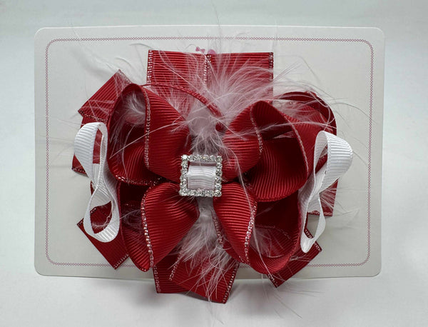 4.5 Inch Fluffy Gem Bow - Red & White
