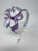 4 inch Flower Alice Band - Purple & White Gingham