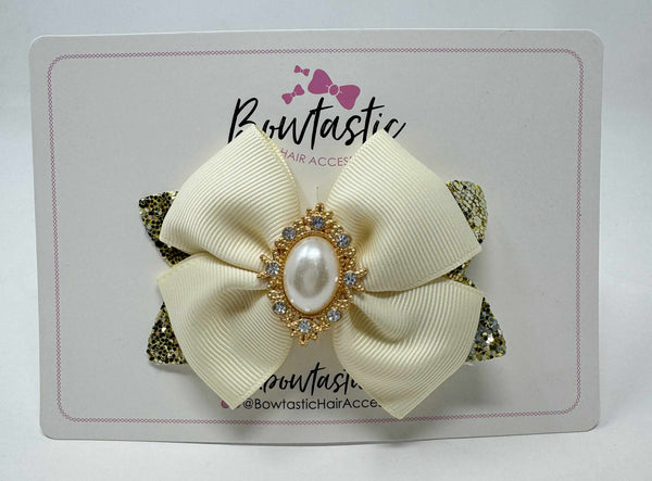 3.5 Inch Glitter Gem Bow - Cream