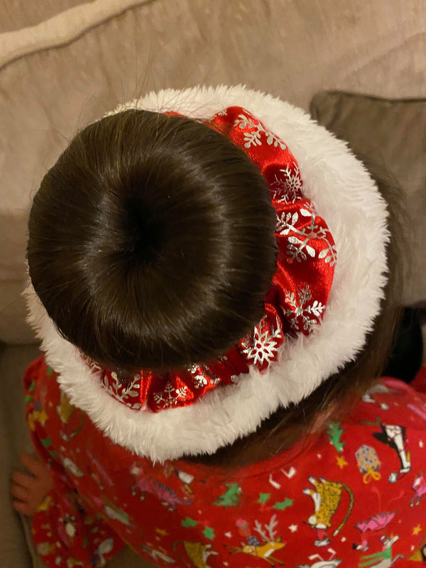 Christmas - Fluffy Velvet Scrunchie - Red & Silver Snowflake