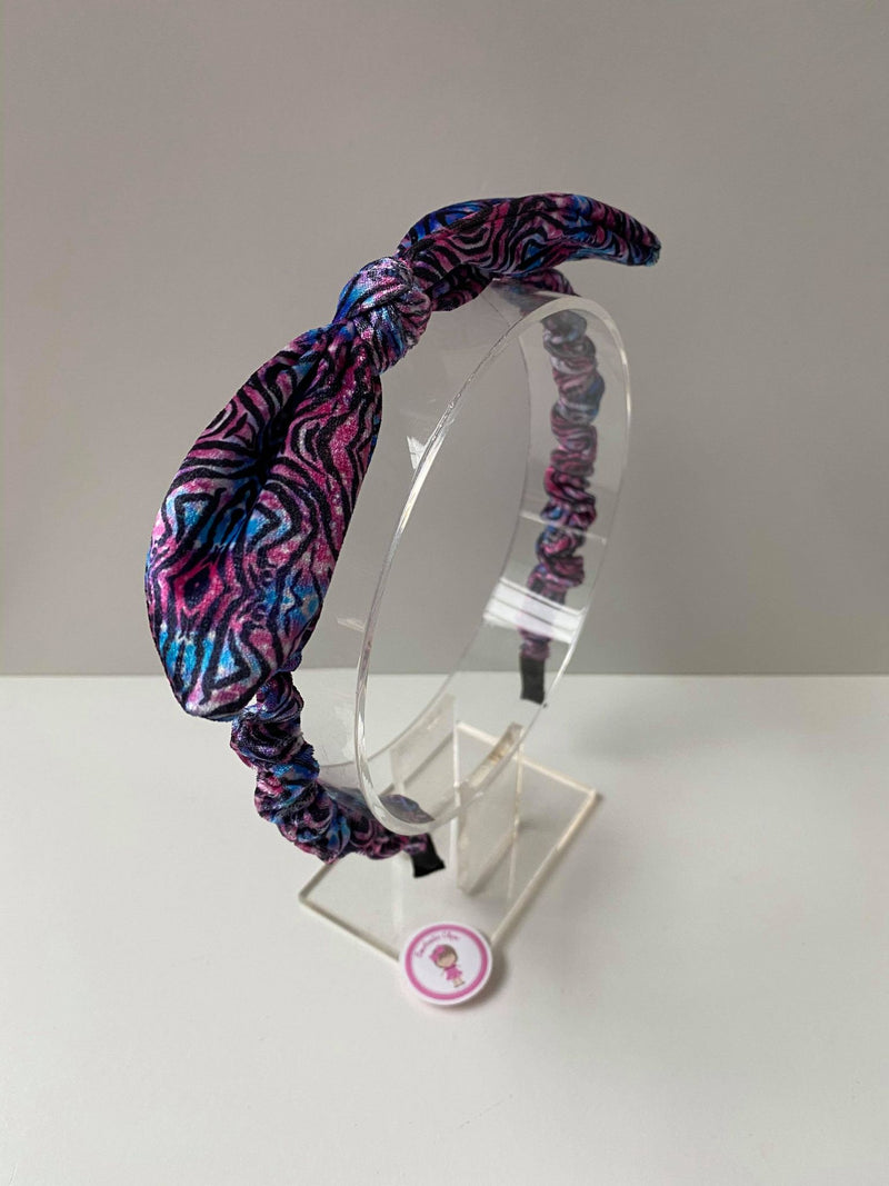Velvet Bunny Ear Headband - Pink & Blue Print