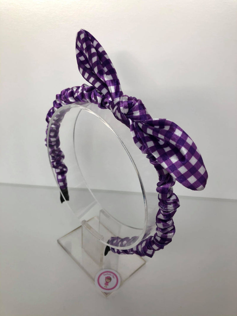 Velvet Bunny Ear Headband - Purple Gingham