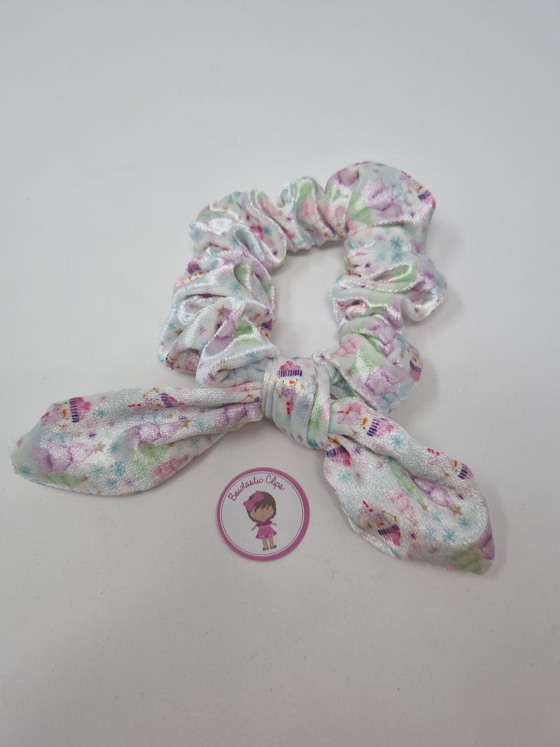 Christmas - Velvet Bunny Ear Scrunchie - Pastel Snowman