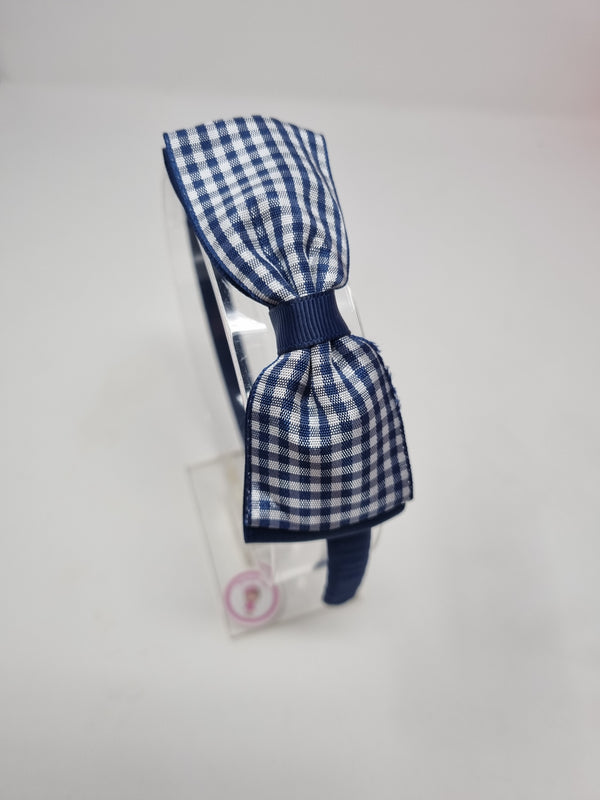 4.5 Inch Flat Bow Alice Band - Navy & Navy Gingham