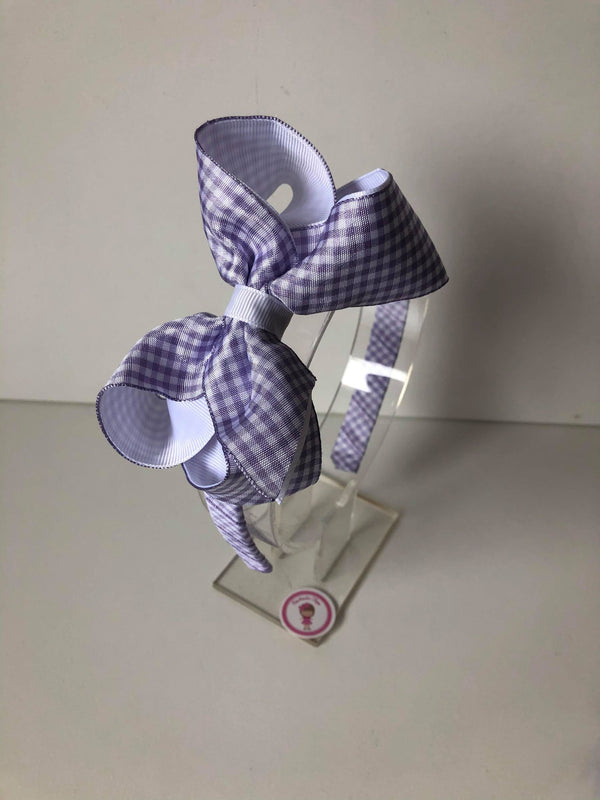 4 Inch Bow Alice Band - Lilac & White Gingham