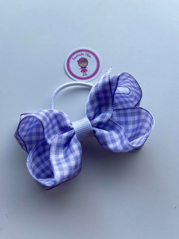 3 Inch Double Bow Thin Elastic - Lilac & White Gingham