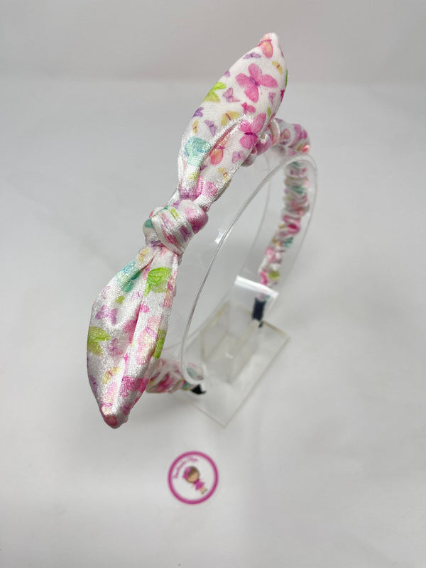 Velvet Bunny Ear Headband - Pink & Green Butterfly