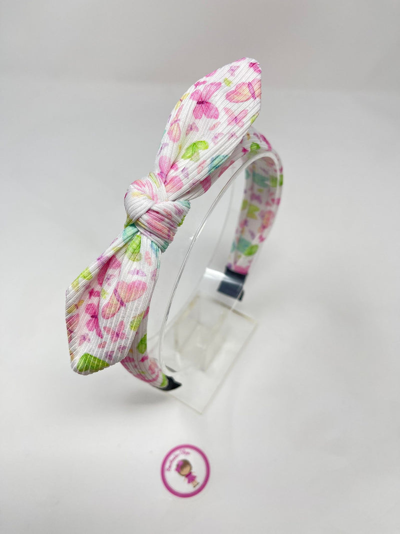 Ribbed Knot Headband - Pink & Green Butterfly