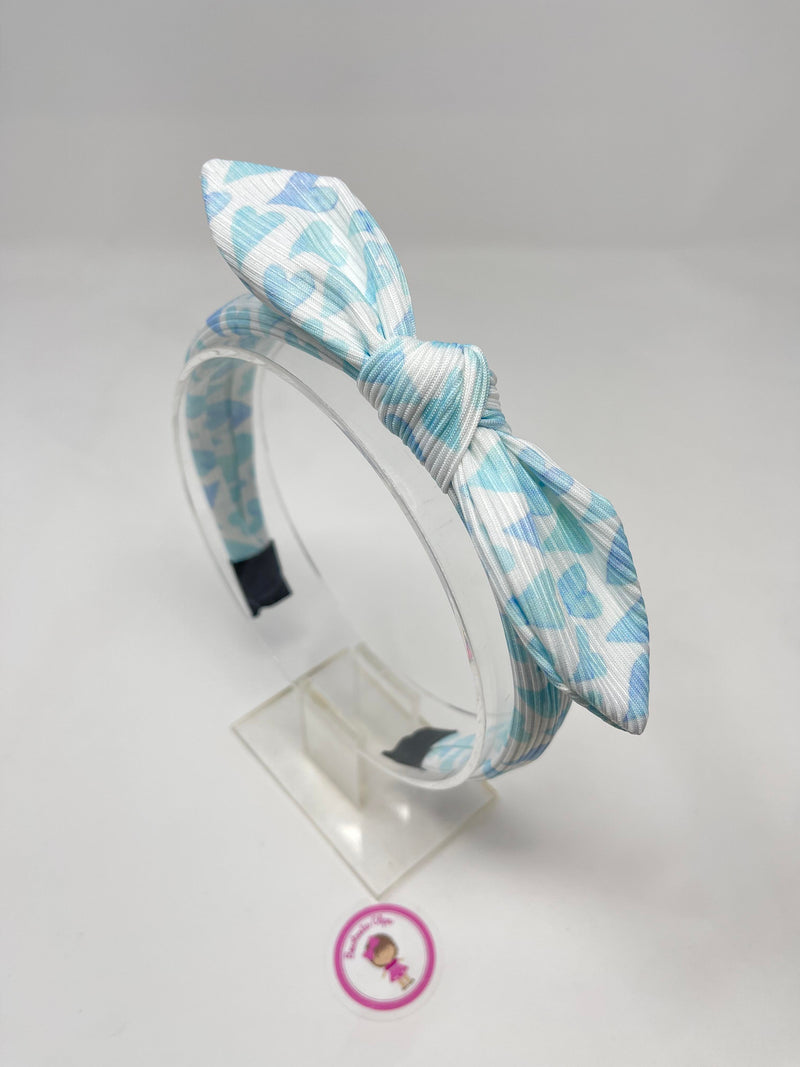 Ribbed Knot Headband - Blue Heart Print