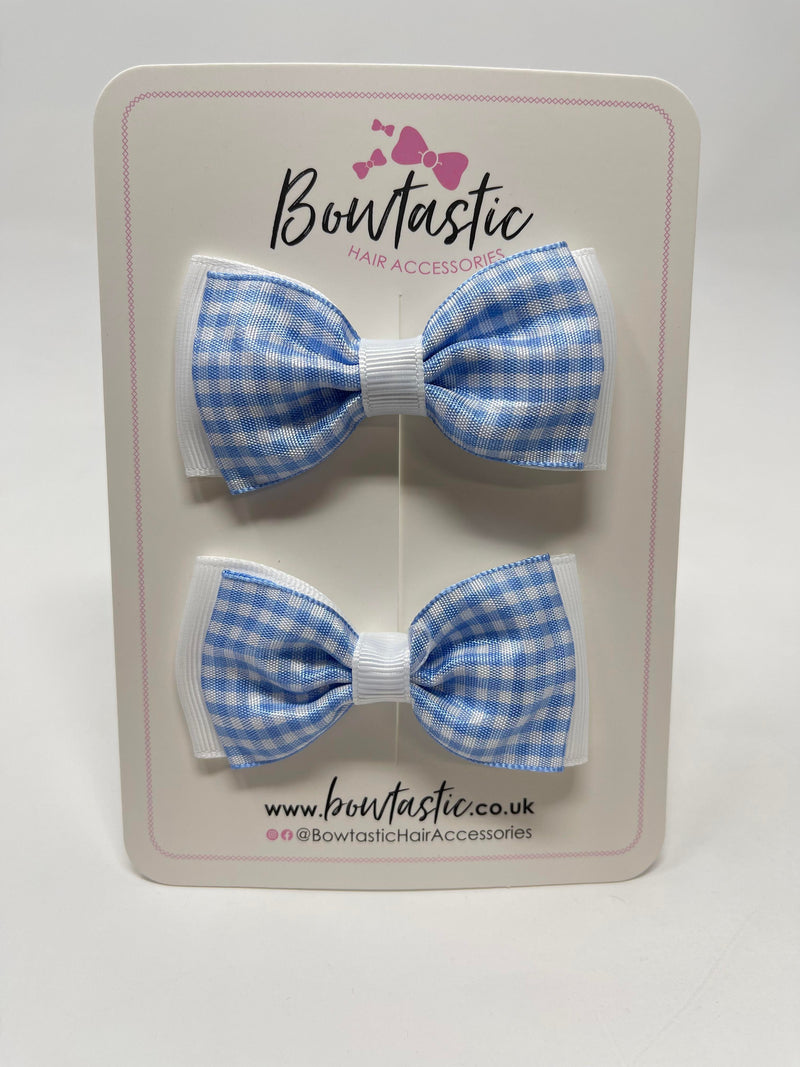 3 Inch Flat Double Bow - Blue & White Gingham - 2 Pack