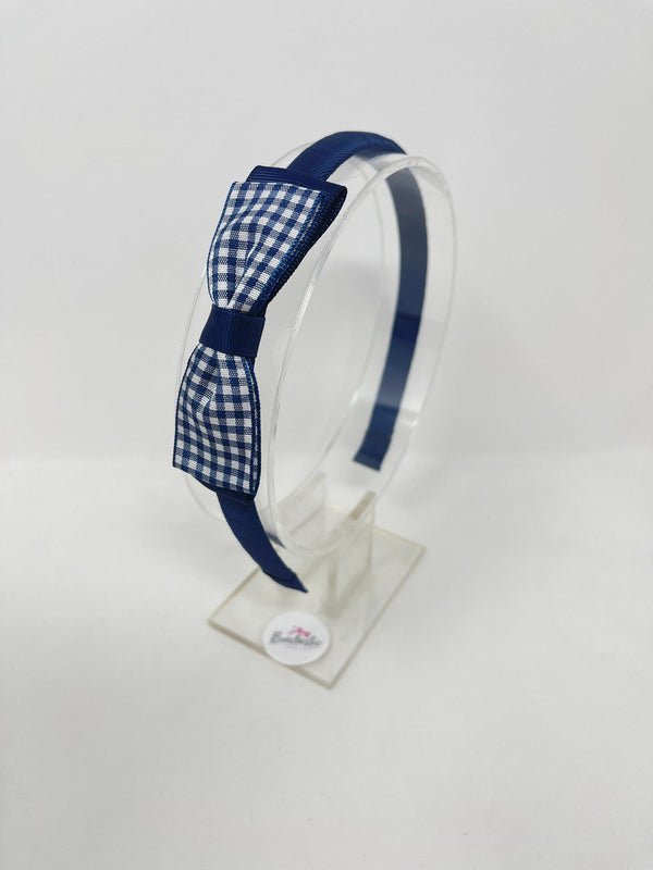 3 Inch Flat Bow Alice Band - Navy Gingham