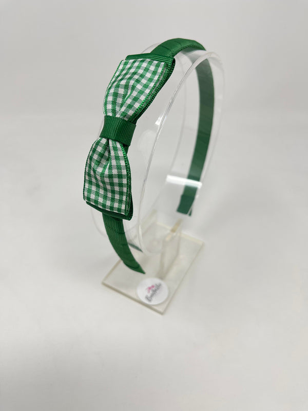 3 Inch Flat Bow Alice Band - Green Gingham