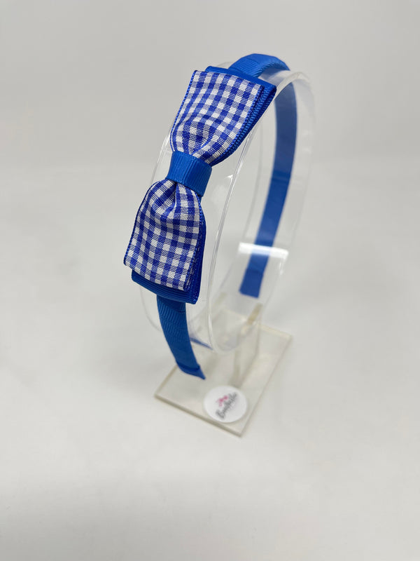 3 Inch Flat Bow Alice Band - Royal Blue Gingham