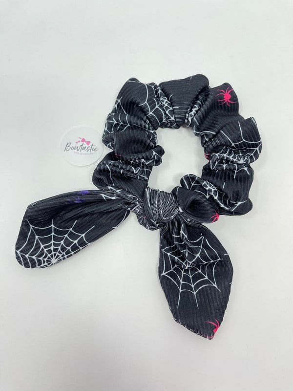 Halloween - Ribbed Bunny Ear Scrunchie - Black Spider Web