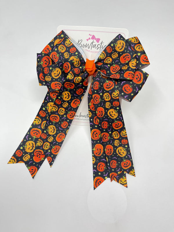 Halloween - 4.5 Inch Double Layer Tail Bow - Orange Pumpkins