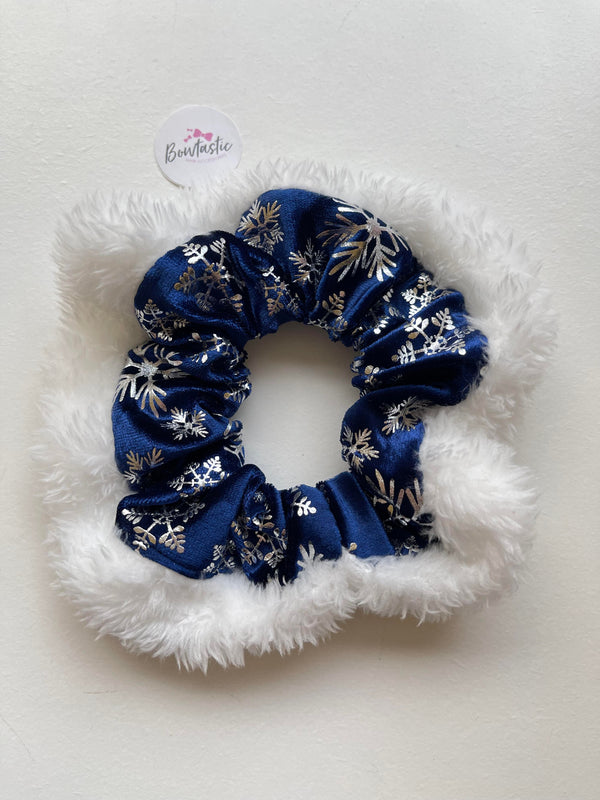 Christmas - Fluffy Velvet Scrunchie - Navy & Silver Snowflake
