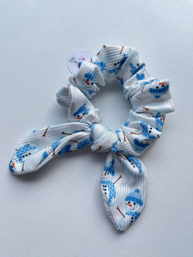 Christmas - Ribbed Bunny Ear Scrunchie - Blue White Snowman