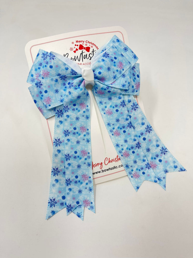 Christmas - 4.5 Inch Double Layer Tail Bow - Blue Snowflake
