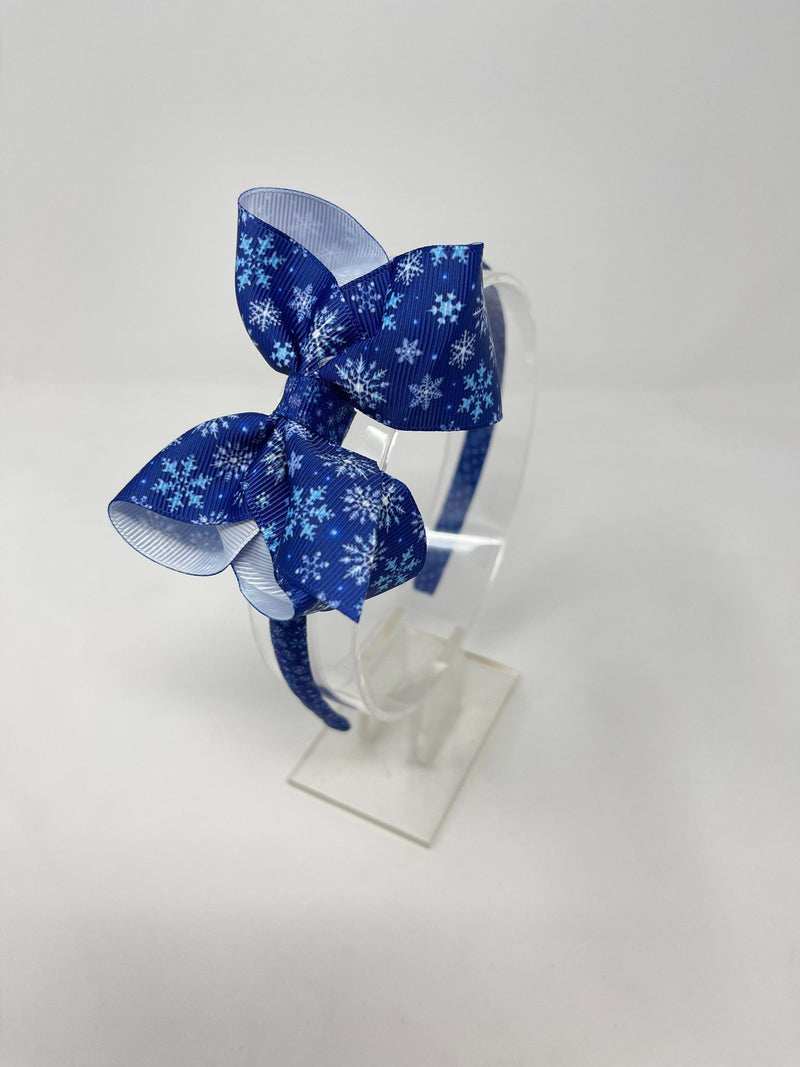 Christmas - 4 Inch Bow Alice Band - Blue Snowflakes