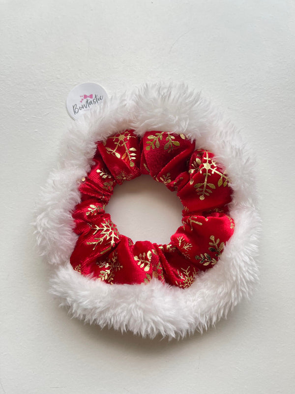 Christmas - Fluffy Velvet Scrunchie - Red & Gold Snowflake