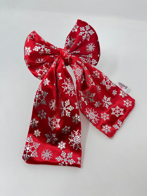 Christmas - 4 Inch Tail Bow - Red Silver Snowflake