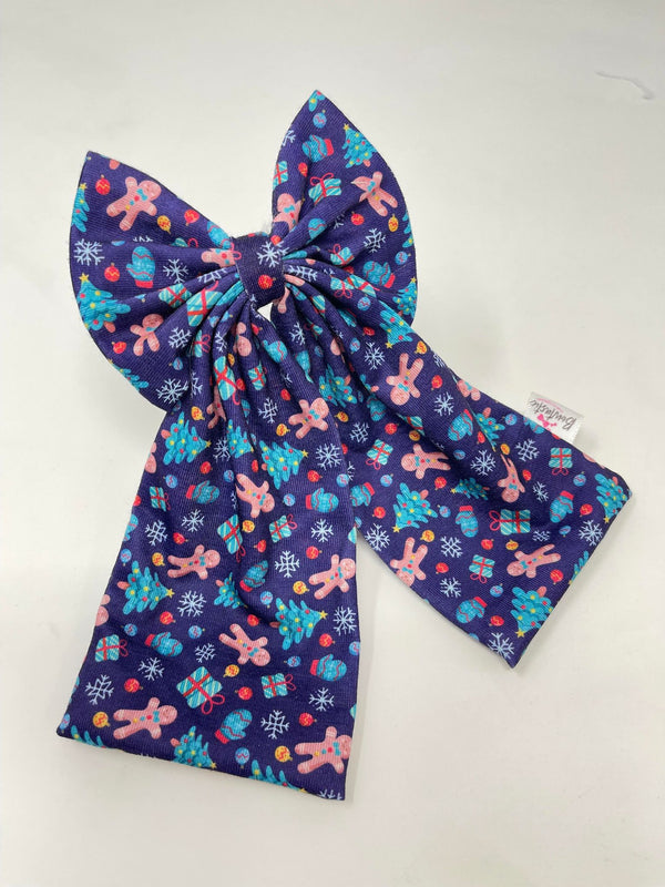 Christmas - 4 Inch Tail Bow - Navy Gingerbread Present