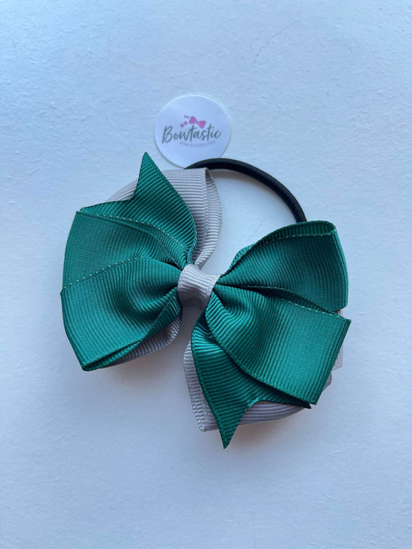 3.5 Inch Double Bow Bobble - Hunter Green & Grey