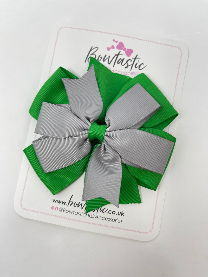 4 Inch Flat Double Bow - Emerald Green & Grey