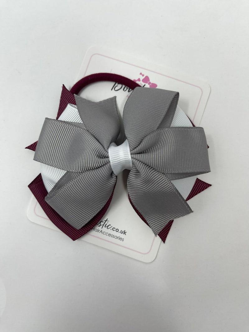 4 Inch 3 Layer Bow Bobble - Burgundy, Grey & White