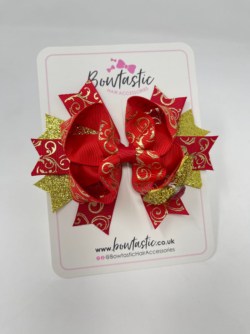 Christmas - 4.5 Inch Bow Bobble - Red & Gold Glitter