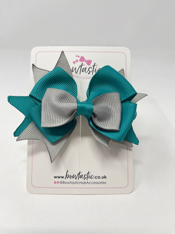 3.5 Inch Stacked Bow - Jade Green & Grey