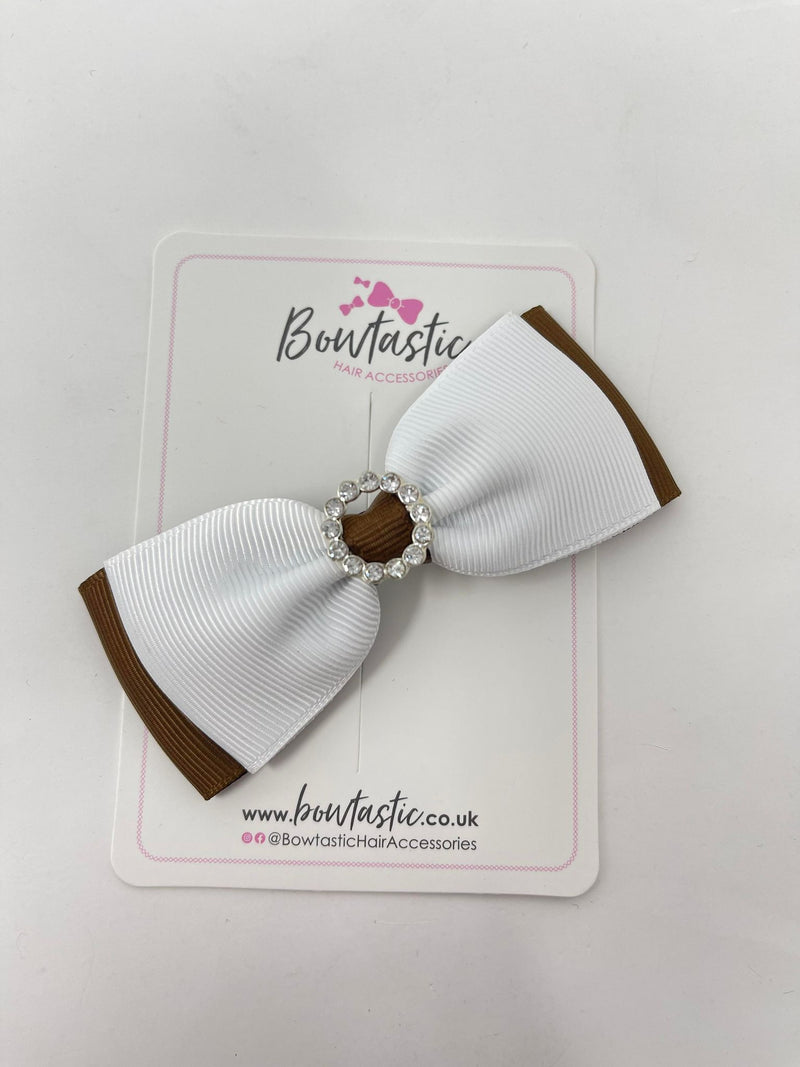 3.5 Inch Gem Bow - Brown & White