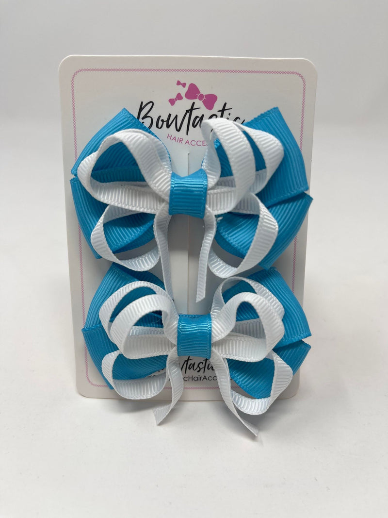 2.5 Inch Bows - Turquoise & White - 2 Pack