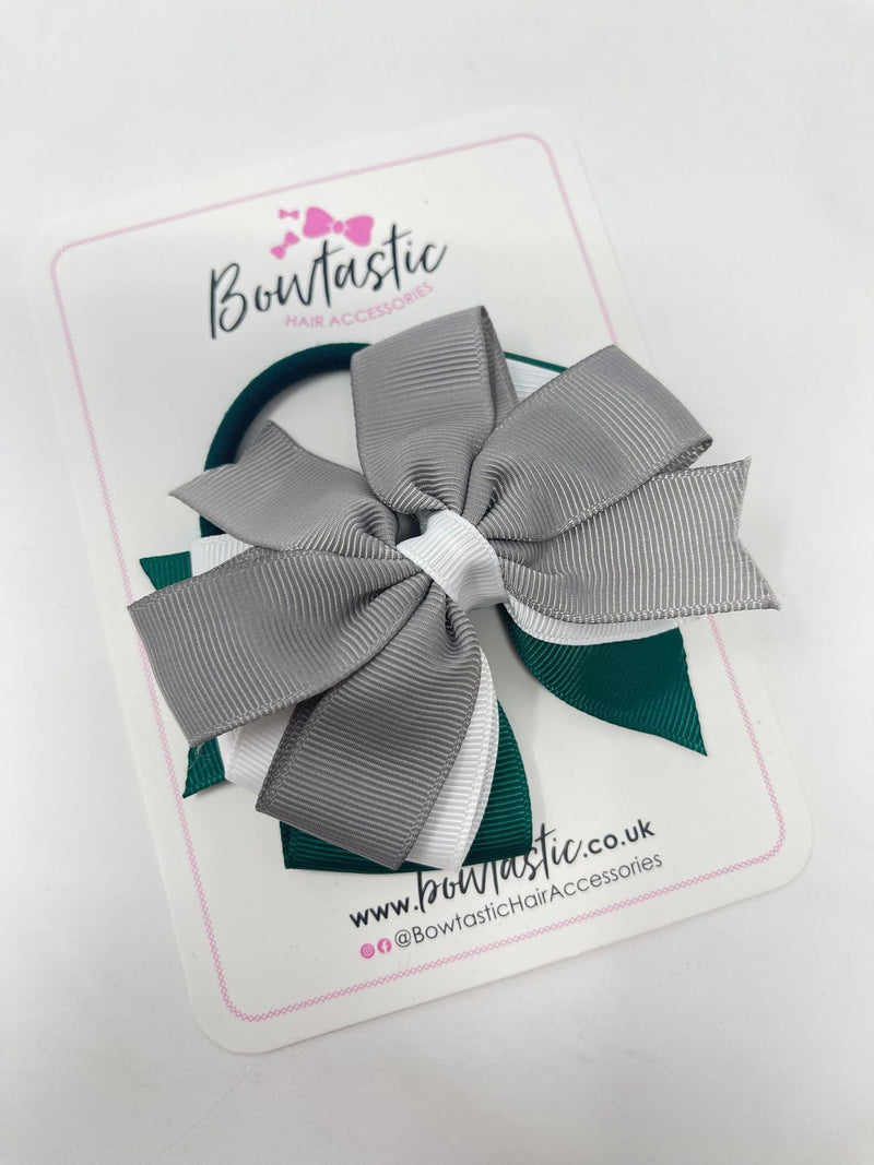 4 Inch 3 Layer Bow Bobble - Hunter Green, Silver & White