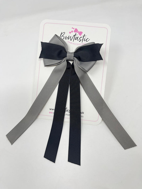 3.5 Inch Flat Ribbon Tail Bow - Black & Metal Grey