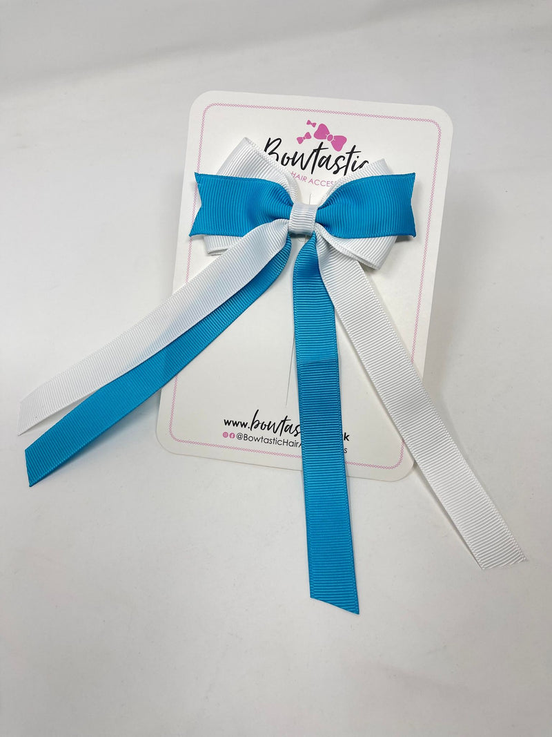 3.5 Inch Flat Ribbon Tail Bow - Turquoise & White