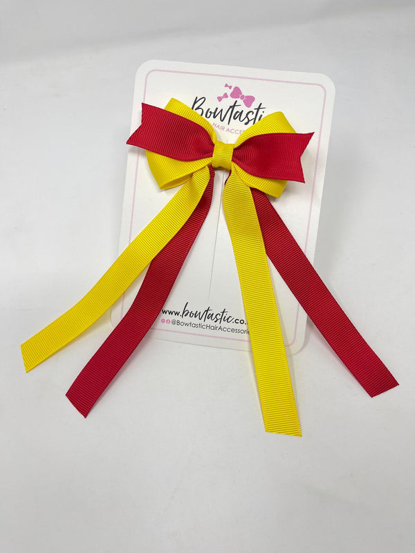 3.5 Inch Flat Ribbon Tail Bow - Red & Daffodil