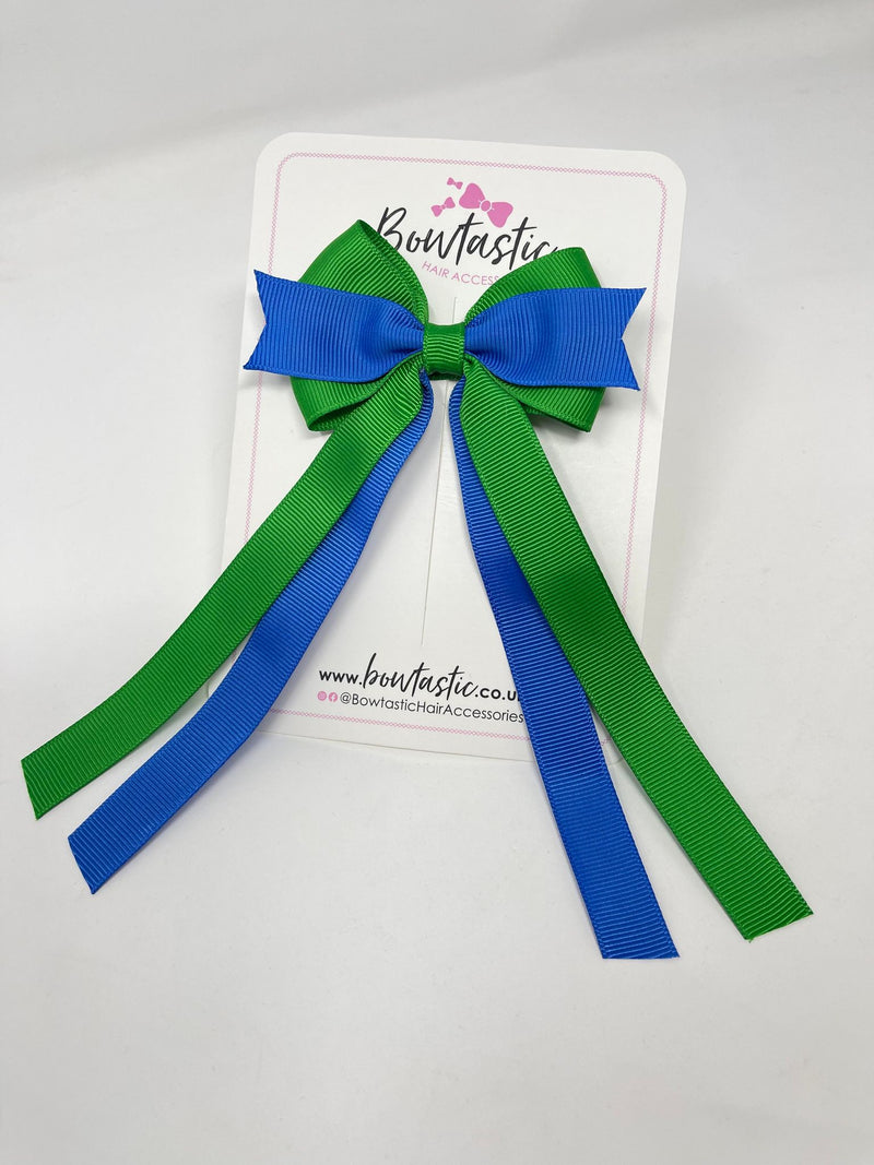 3.5 Inch Flat Ribbon Tail Bow - Royal Blue & Emerald Green